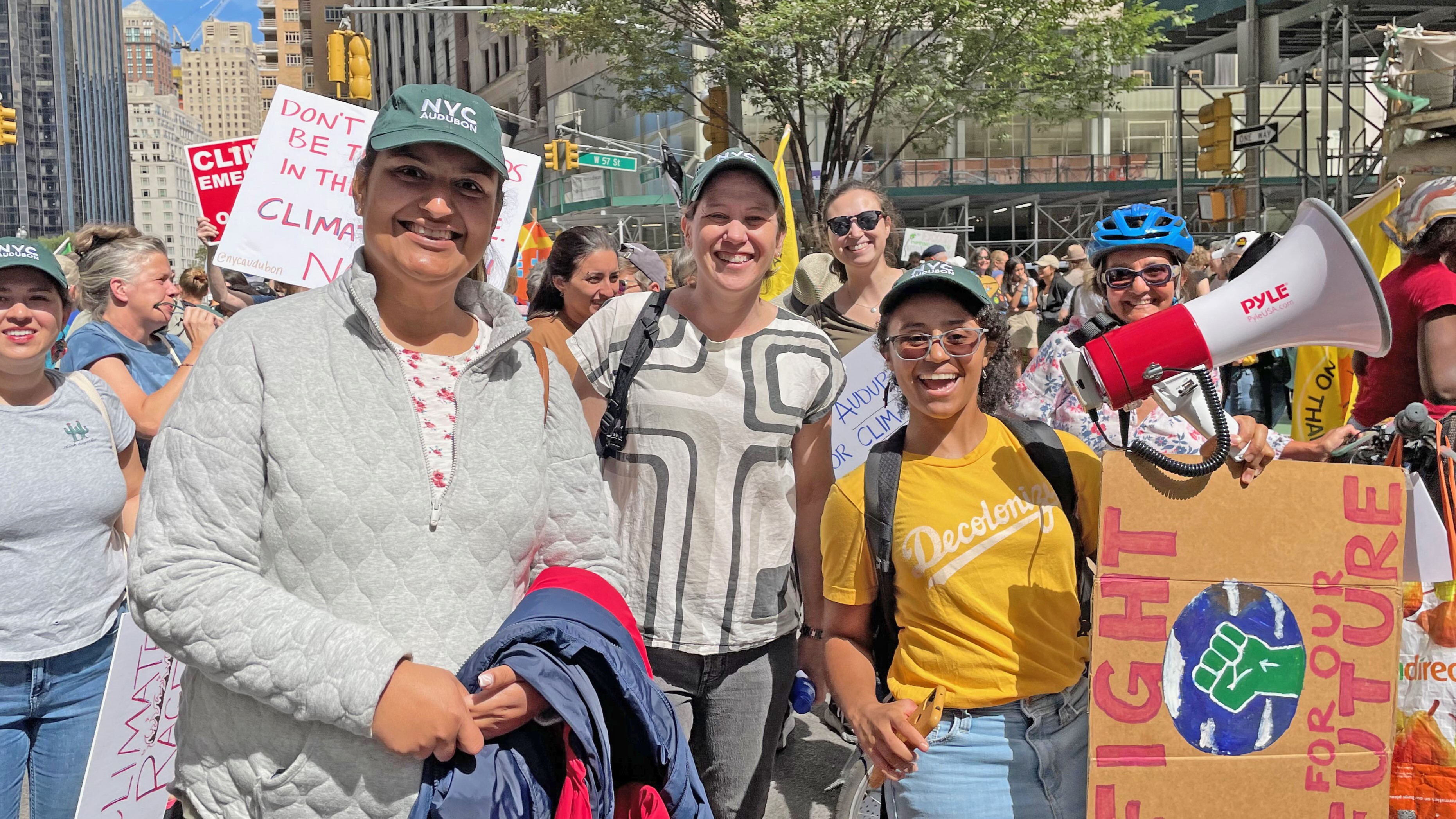 Saman Mahmood, Executive Director Jessica Wilson, and Public Programs Manager Roslyn Rivas join the March to End Fossil Fuels for Climate Week NYC. Photo Credit: NYC Audubon