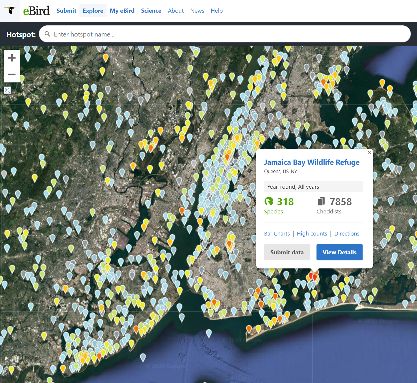 An eBird “hotspot” map indicates the most popular birding locations in New York City; the spots with the highest number of reported bird species are dark red, including Jamaica Bay Widlife Refuge, in Queens. Graphic: eBird