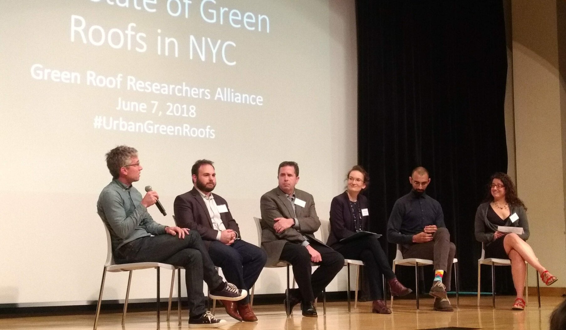 The mapping and modeling panel discussion at the first annual State of Green Roofs Conference in 2018, featuring researchers from The New School, Columbia University, and The Nature Conservancy. Photo: NYC Audubon