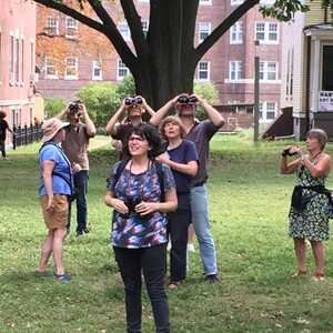 Guide Annie Barry leading a bird walk in Governors Island's Nolan Park. Photo: NYC Audubon