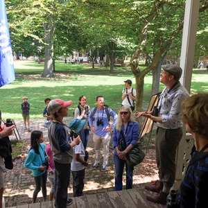 NYC Audubon Naturalist Gabriel Willow leads a bird outing from the steps of our Nolan Park house on Governors Island. Photo: NYC Audubon