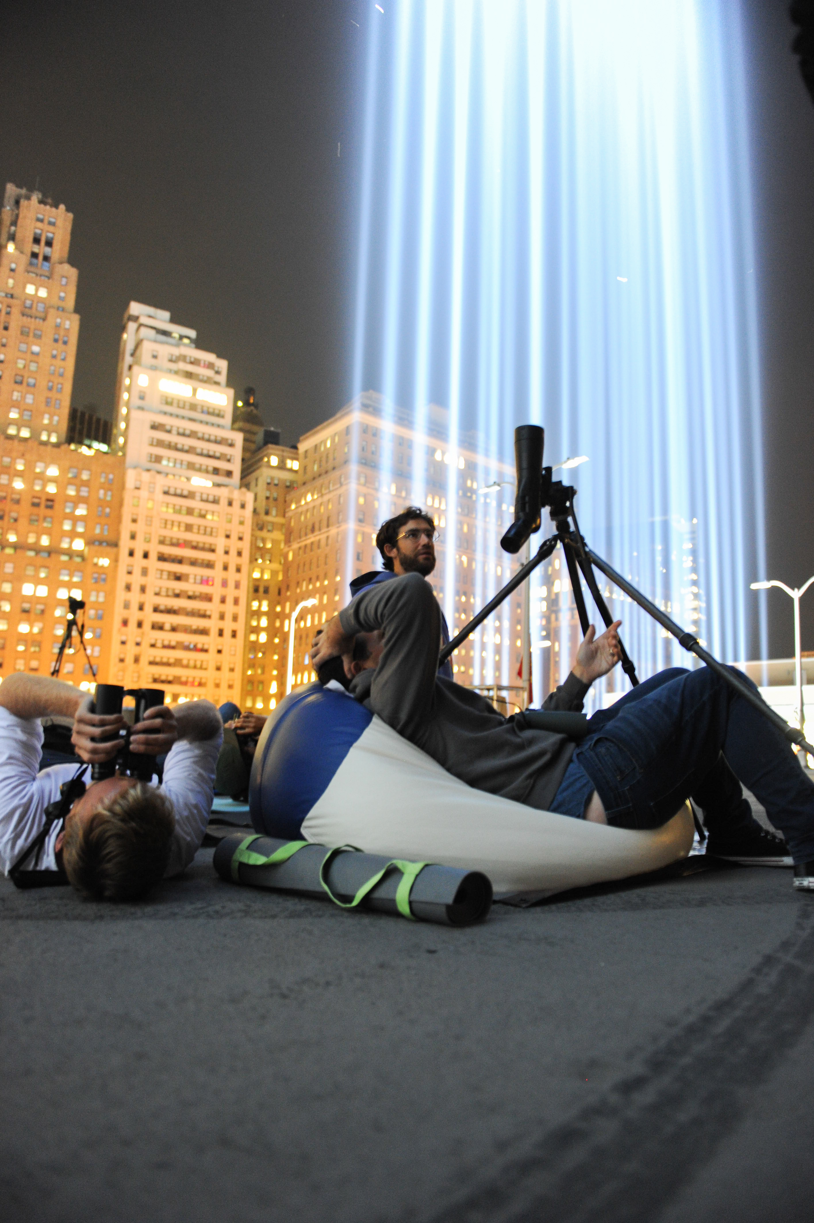 NYC Audubon volunteers monitor the Tribute in Light each year for birds stuck circling in the Tribute’s powerful beams. Photo: NYC Audubon