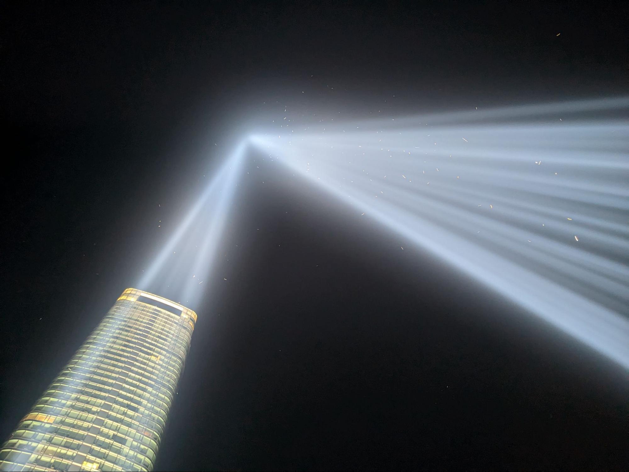 The white dots seen in this year’s Tribute in Light memorial are hundreds of birds trapped in the beams. Photo: NYC Audubon